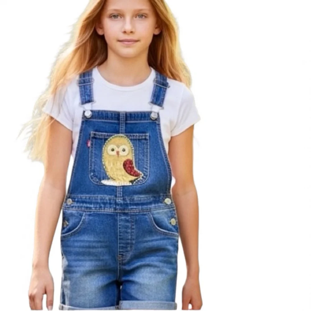 Levi's Light‎ Blue Denim Shortall Girls 16 Hand crafted Appliqué Owl on Bib